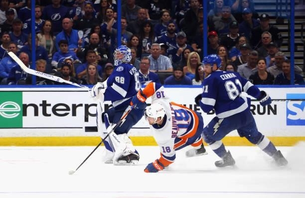 Anthony Beauvillier of the New York Islanders is stopped by the Tampa Bay Lightning in Game Seven of the NHL Stanley Cup Semifinals during the 2021...