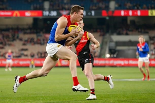 Tom McDonald of the Demons marks the ball during the round 15 AFL match between the Essendon Bombers and the Melbourne Demons at Melbourne Cricket...