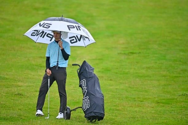 Mateusz Gradecki of Poland reacts on the 10th hole during Day Three of the Open de Bretagne at Golf Bluegreen de Pleneuf Val Andre on June 26, 2021...