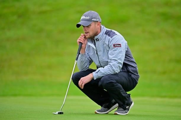 Hurly Long of Germany lines for his putt on the 10th hole during Day Three of the Open de Bretagne at Golf Bluegreen de Pleneuf Val Andre on June 26,...