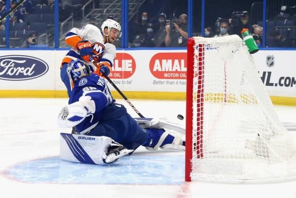 Andrei Vasilevskiy of the Tampa Bay Lightning makes the first period save on Anthony Beauvillier of the New York Islanders in Game Seven of the NHL...