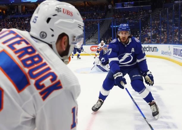 Ryan McDonagh of the Tampa Bay Lightning skates against the New York Islanders in Game Seven of the NHL Stanley Cup Semifinals during the 2021...