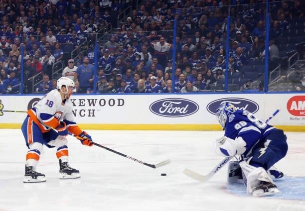 Andrei Vasilevskiy of the Tampa Bay Lightning makes the first period save on Anthony Beauvillier of the New York Islanders in Game Seven of the NHL...