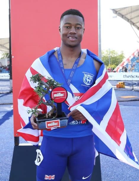 Tade Ojora of Windsor Slough Eaton and Hounslow pictured after winning the Mens 110m Hurdle Final during Day Two of the Muller British Athletics...