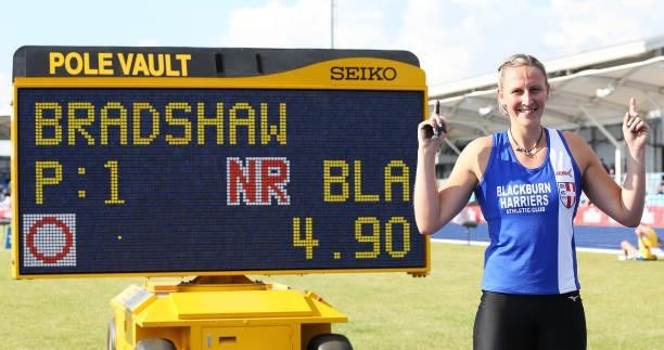 Holly Bradshaw of Blackburn pictured next to a scoreboard, after jumping a National Record of 4.90m during Day Two of the Muller British Athletics...