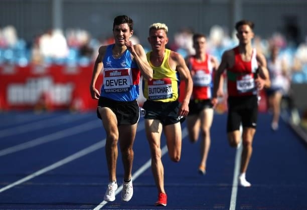 Patrick Dever of Preston celebrates winning the Mens 5000m Final during Day Two of the Muller British Athletics Championships at Manchester Regional...