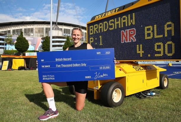 Holly Bradshaw of Blackburn pictured with a cheque, after jumping a National Record of 4.90m during Day Two of the Muller British Athletics...