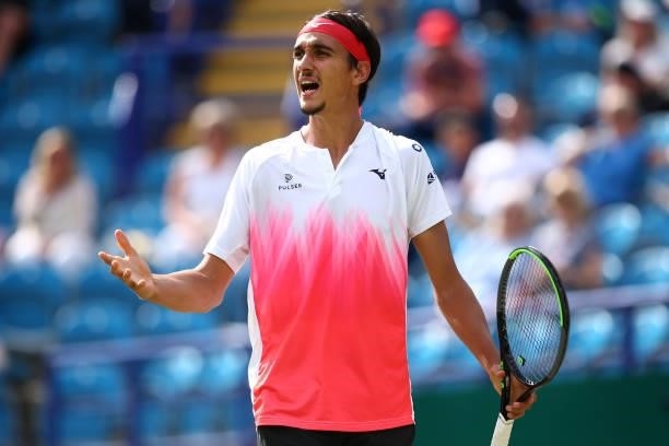 Lorenzo Sonego of Italy gets frustrated during his mens singles final match against Alex De Minaur of Australia during day 8 of the Viking...