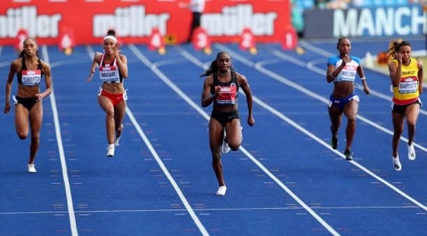 Dina Asher-Smith of Blackheath on her way to winning the Womens 100m Semi Final Heat 3 on Day Two of the Muller British Athletics Championships at...
