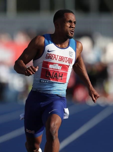 Chijindu Ujah of Enfield wins the Mens 100m Final during Day Two of the Muller British Athletics Championships at Manchester Regional Arena on June...