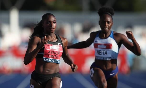 Dina Asher-Smith of Blackheath wins the Womens 100m Final during Day Two of the Muller British Athletics Championships at Manchester Regional Arena...