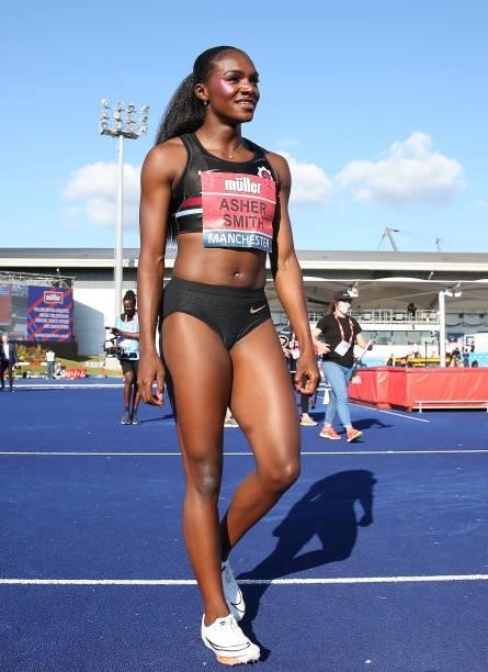Dina Asher-Smith of Blackheath celebrates winning the Womens 100m Final during Day Two of the Muller British Athletics Championships at Manchester...