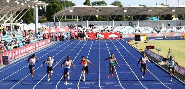 Chijindu Ujah of Enfield wins the Mens 100m Final during Day Two of the Muller British Athletics Championships at Manchester Regional Arena on June...