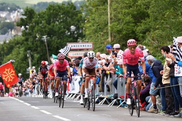 Ruben Guerreiro of Portugal and Team EF Education - Nippo, Ben O'connor of Australia and AG2R Citroën Team & Neilson Powless of The United States and...