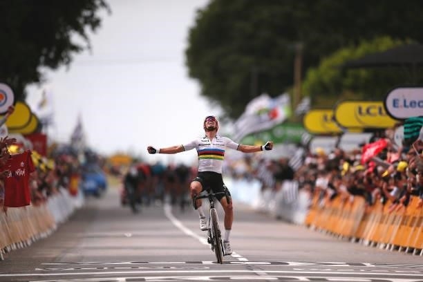 Julian Alaphilippe of France and Team Deceuninck - Quick-Step stage winner celebrates at arrival during the 108th Tour de France 2021, Stage 1 a...