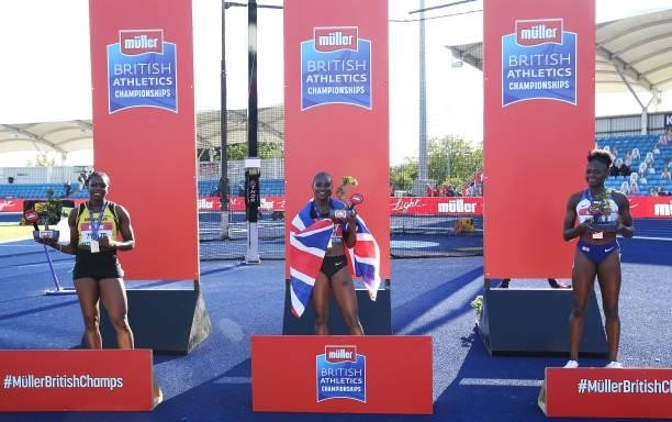 Asha Philip of Newham Essex Beagles Dina Asher-Smith of Blackheath and Daryll Neita of Cambridge pictured during the medal presentation of the Womens...