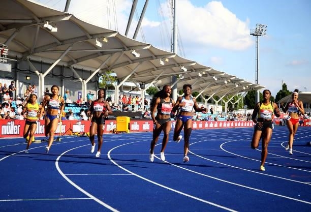Dina Asher-Smith of Blackheath wins the Women's 100m Final on Day Two of the Muller British Athletics Championships at Manchester Regional Arena on...