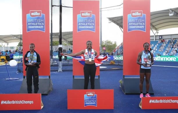 Temi Ojoran of Windsor Slough Eaton and Hounslow Naomi Ogbeta of Trafford and Lia Stephenson of Thames Valley pictured during the medal ceremony of...