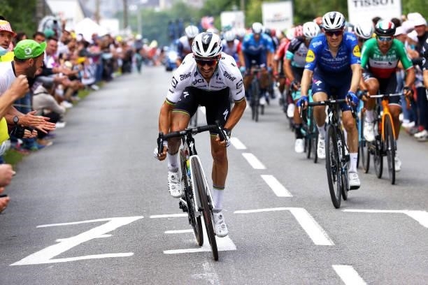 Julian Alaphilippe of France and Team Deceuninck - Quick-Step attacks on Côte De La Fosse Aux Loups final climb during the 108th Tour de France 2021,...