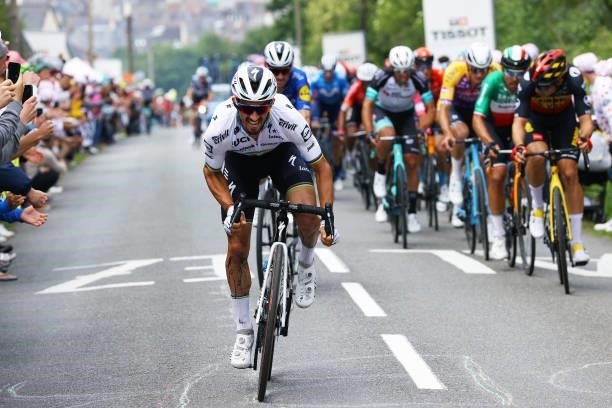 Julian Alaphilippe of France and Team Deceuninck - Quick-Step attacks on Côte De La Fosse Aux Loups final climb during the 108th Tour de France 2021,...