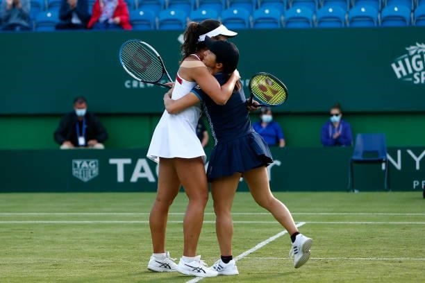Shuko Aoyama and Ena Shibahara of Japan celebrate after winning the women's doubles final against Nicole Melichar of USA and Demi Scuurs of Holland...