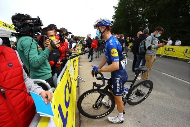 Dries Devenyns of Belgium and Team Deceuninck - Quick-Step at arrival during the 108th Tour de France 2021, Stage 1 a 197,8km stage from Brest to...