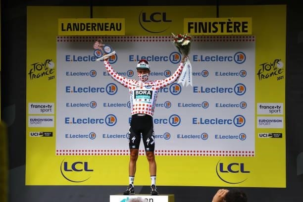 Ide Schelling of The Netherlands and Team BORA - Hansgrohe Polka Dot Mountain Jersey celebrates at podium during the 108th Tour de France 2021, Stage...