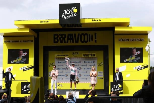 Ide Schelling of The Netherlands and Team BORA - Hansgrohe Polka Dot Mountain Jersey celebrates at podium during the 108th Tour de France 2021, Stage...