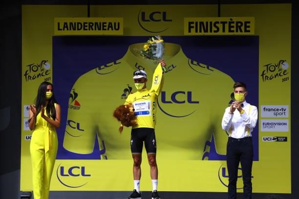 Julian Alaphilippe of France and Team Deceuninck - Quick-Step Yellow Leader Jersey celebrates at podium during the 108th Tour de France 2021, Stage 1...