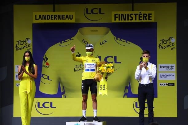 Julian Alaphilippe of France and Team Deceuninck - Quick-Step Yellow Leader Jersey celebrates at podium during the 108th Tour de France 2021, Stage 1...