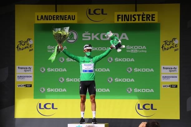 Julian Alaphilippe of France and Team Deceuninck - Quick-Step Green Points Jersey celebrates at podium during the 108th Tour de France 2021, Stage 1...