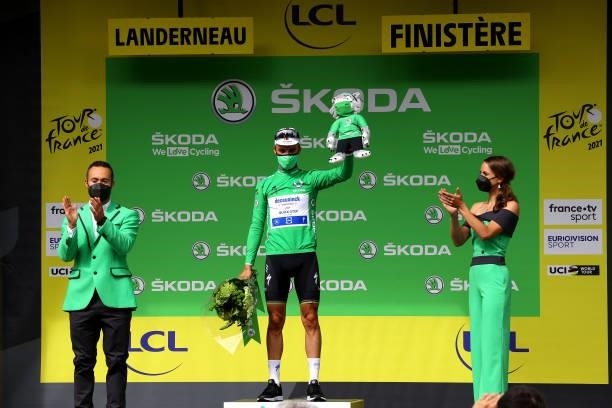 Julian Alaphilippe of France and Team Deceuninck - Quick-Step Green Points Jersey celebrates at podium during the 108th Tour de France 2021, Stage 1...