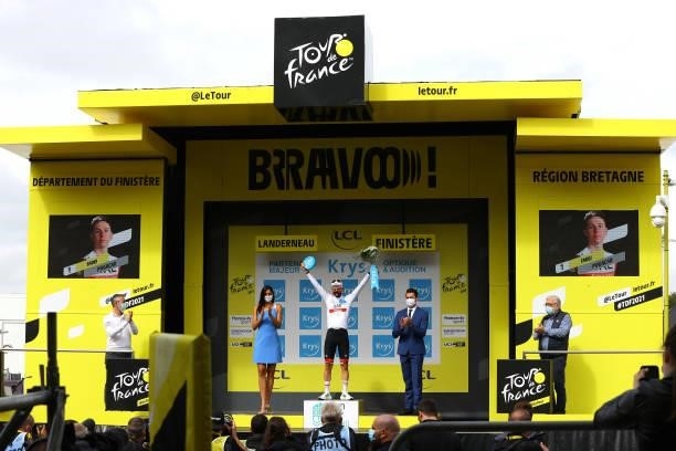 Tadej Pogačar of Slovenia and UAE-Team Emirates white best young jersey celebrates at podium during the 108th Tour de France 2021, Stage 1 a 197,8km...