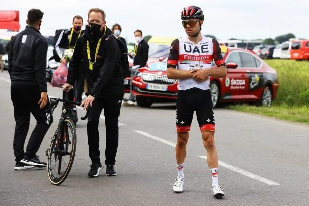 Marc Hirschi of Switzerland and UAE-Team Emirates Injured after crash at arrival during the 108th Tour de France 2021, Stage 1 a 197,8km stage from...