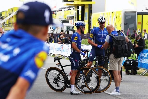 Mark Cavendish of The United Kingdom & Tim Declercq of Belgium and Team Deceuninck - Quick-Step at arrival during the 108th Tour de France 2021,...
