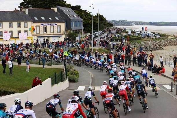 The Peloton passing through Plage De Pentrez during the 108th Tour de France 2021, Stage 1 a 197,8km stage from Brest to Landerneau - Côte De La...