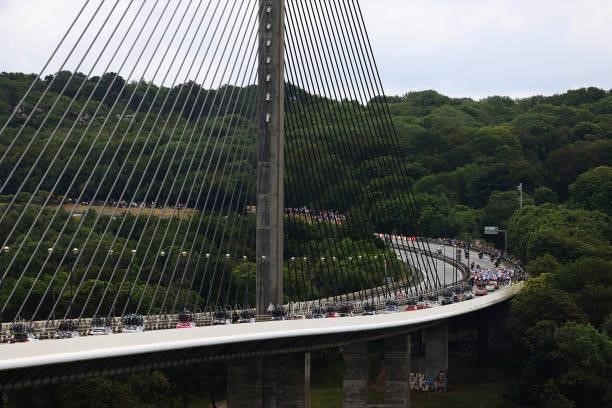 The Peloton passing through the Pont de l'Iroise in Brest City at start during the 108th Tour de France 2021, Stage 1 a 197,8km stage from Brest to...