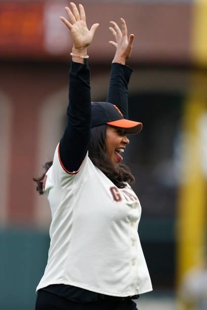 Mayor of San Francisco London Breed reacts after throwing out the ceremonial first pitch before the game between the San Francisco Giants and the...