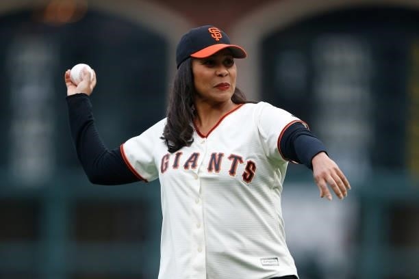 Mayor of San Francisco London Breed throws out the ceremonial first pitch before the game between the San Francisco Giants and the Oakland Athletics...