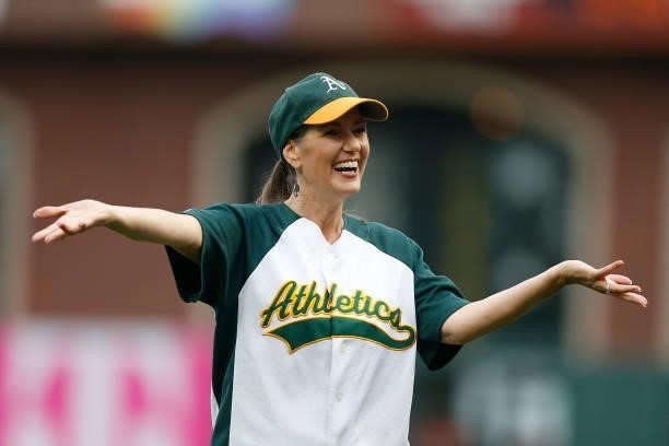 Mayor of Oakland Libby Schaaf reacts after throwing out the ceremonial first pitch before the game between the San Francisco Giants and the Oakland...