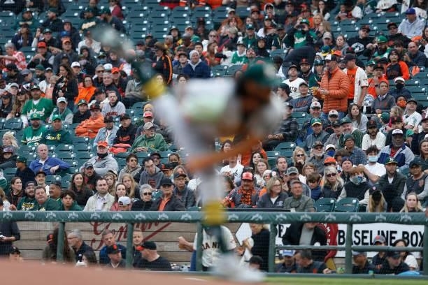 Crowds watch the game between the San Francisco Giants and the Oakland Athletics at Oracle Park on June 25, 2021 in San Francisco, California. This...