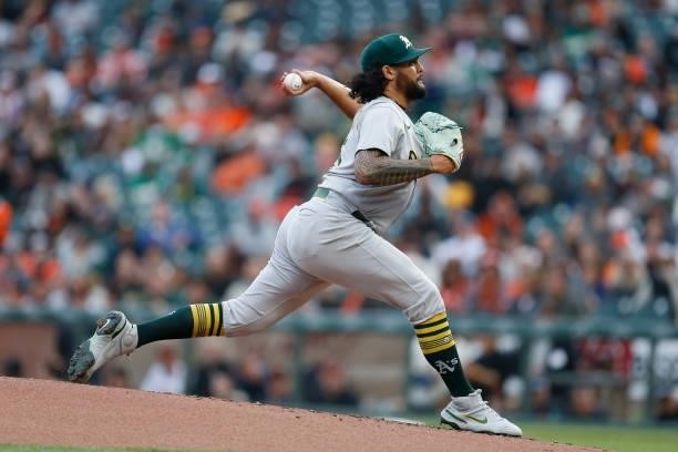 Sean Manaea of the Oakland Athletics pitches against the San Francisco Giants at Oracle Park on June 25, 2021 in San Francisco, California.