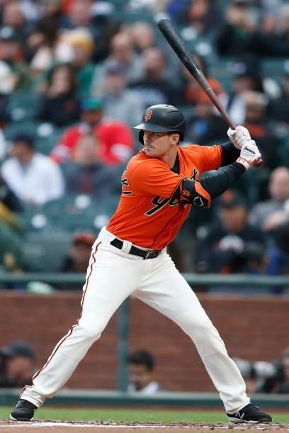 Mike Yastrzemski of the San Francisco Giants at bat against the Oakland Athletics at Oracle Park on June 25, 2021 in San Francisco, California.