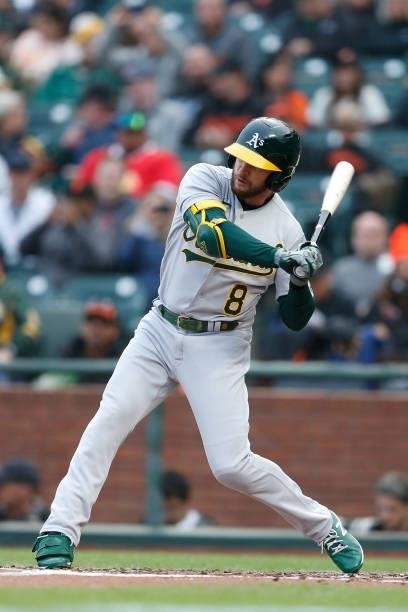 Jed Lowrie of the Oakland Athletics at bat against the San Francisco Giants at Oracle Park on June 25, 2021 in San Francisco, California.