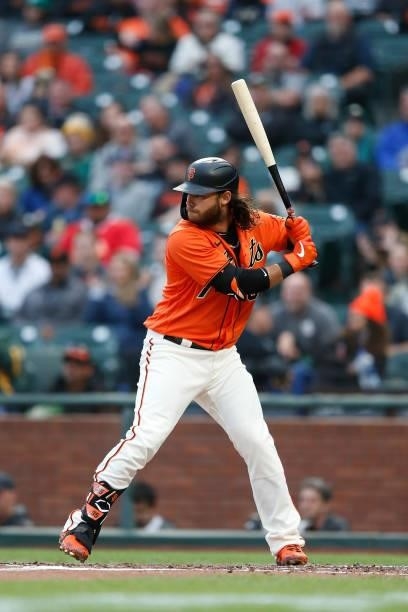 Brandon Crawford of the San Francisco Giants at bat against the Oakland Athletics at Oracle Park on June 25, 2021 in San Francisco, California.
