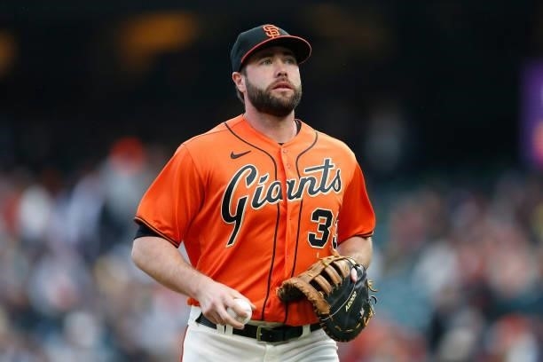 Darin Ruf of the San Francisco Giants looks on between innings against the Oakland Athletics at Oracle Park on June 25, 2021 in San Francisco,...