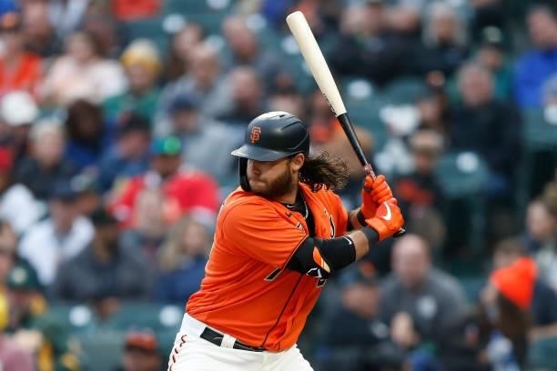 Brandon Crawford of the San Francisco Giants at bat against the Oakland Athletics at Oracle Park on June 25, 2021 in San Francisco, California.