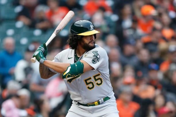 Sean Manaea of the Oakland Athletics at bat against the San Francisco Giants at Oracle Park on June 25, 2021 in San Francisco, California.