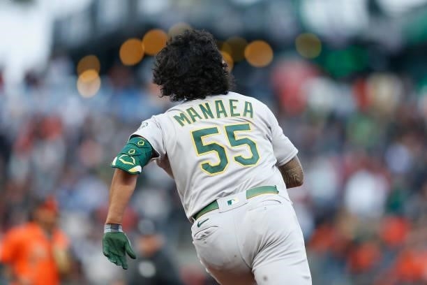 Sean Manaea of the Oakland Athletics runs to second base after hitting a double against the San Francisco Giants at Oracle Park on June 25, 2021 in...