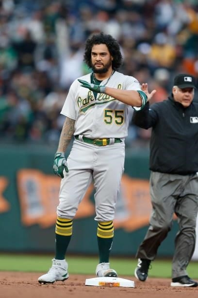 Sean Manaea of the Oakland Athletics reacts after hitting a double in the top of the third inning against the San Francisco Giants at Oracle Park on...